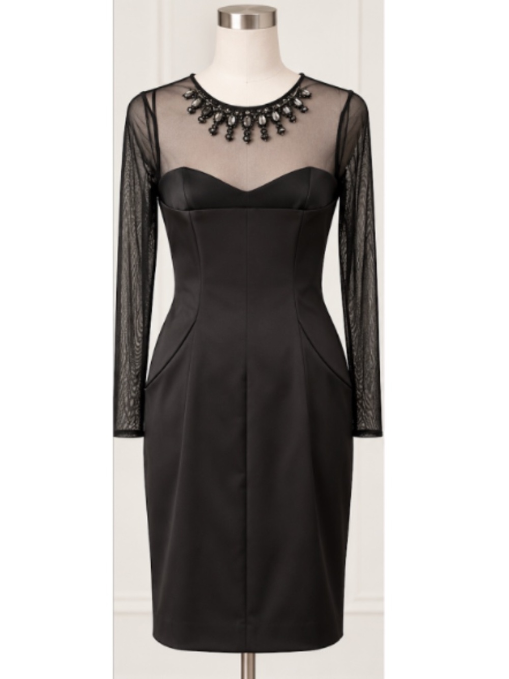 DAVID MEISTER Black Cocktail Dress | sheer neckline with jewel embellishment